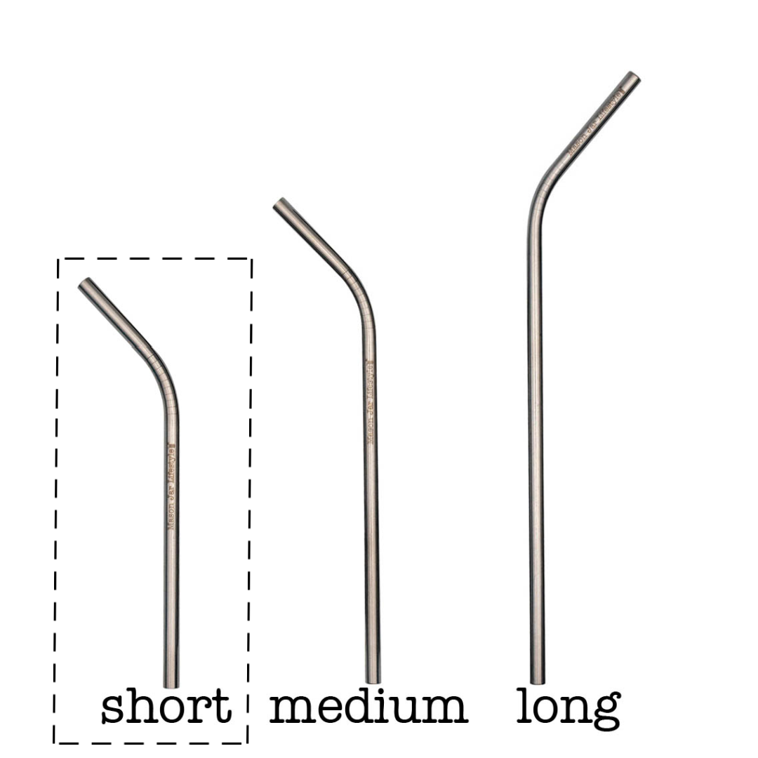 Short Thin Bent stainless steel straw highlighted beside Medium and Long sizes.
