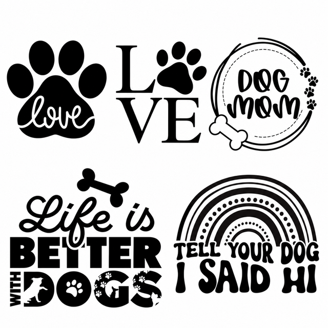 Five Dog Lovers laser engraving designs: Paw Love Script, Paw Love Print, Dog Mom, Life is Better with Dogs, and Tell Your Dog I Said Hi