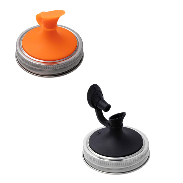 Orange and Black Jarware oil cruet pour lids with logo-stamped stainless steel Mason jar bands; orange shown closed and black shown open.