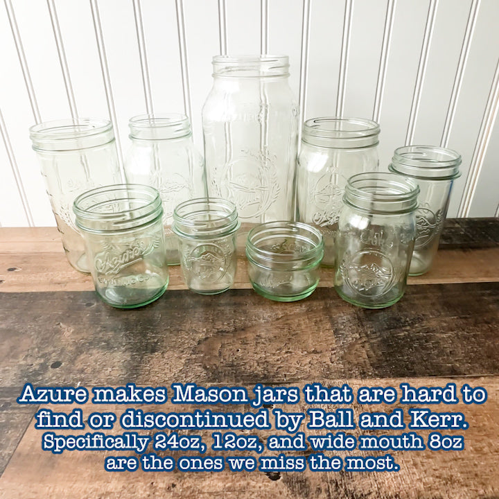 A video running through the sizes of Azure jars that we carry: regular mouth 8, 12, 16, 32 oz, and wide mouth 8, 16, 24, 32, 64 oz.