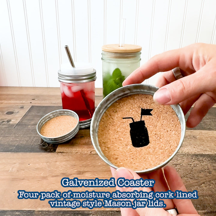 Placing different sized Mason jars onto coasters.