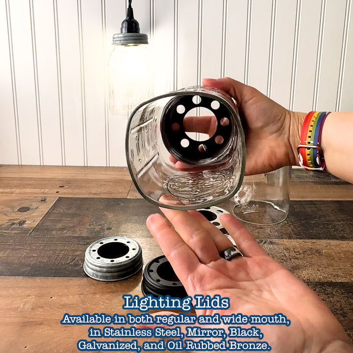 These lids screw right on to any standard Mason jar and are compatible with many pendant light wiring options.