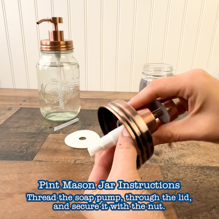 How to put this soap pump together. Take the soap pump, put the bottom through the lid hole, and secure down with the screw down plastic nut. The straw is originally sized for a quart jar, cut shorter if using a smaller jar. Push the straw into the hole in the bottom of soap pump. Put foam ring onto the straw, pushing the ring up all the way up onto the part of the soap pump that is plastic, until it fits snugly and stays up by itself. Screw on to jar.