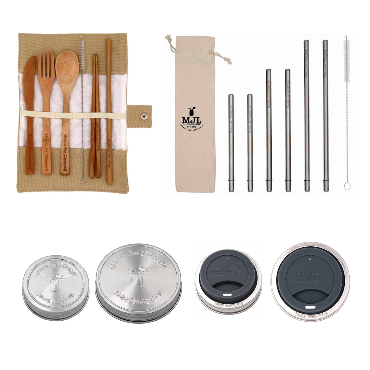 Zero Waste Starter Kit contents: bamboo utensils and roll-up case, six stainless steel straws with cleaner and cloth bag, Regular Mouth and Wide Mouth storage lids with included silicone liners, and silicone drinking lids with stainless steel bands.