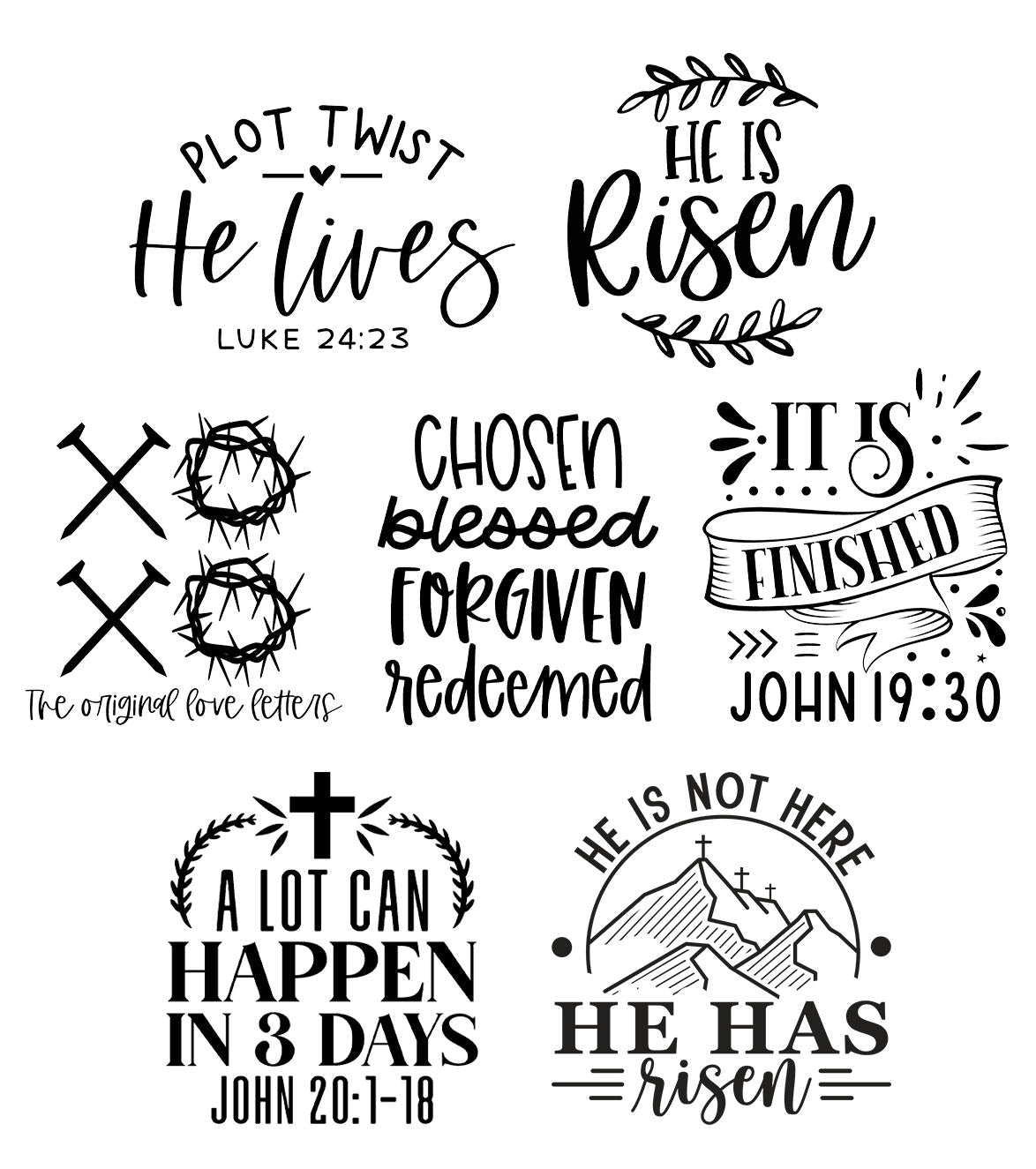 Seven religious Easter engraving designs: Plot Twist, He is Risen, Love Letters, Chosen, It is Finished, 3 Days, and He is Not Here