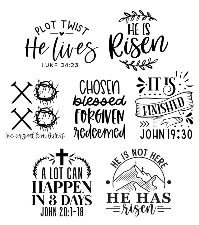 Seven religious Easter engraving designs: Plot Twist, He is Risen, Love Letters, Chosen, It is Finished, 3 Days, and He is Not Here