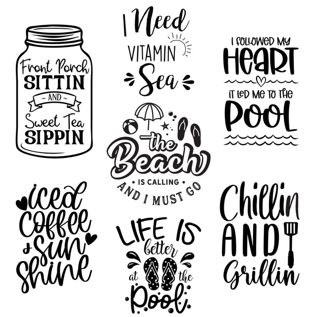 Seven summer engraving designs featuring beach, pool, grilling, front porch, and iced coffee sayings