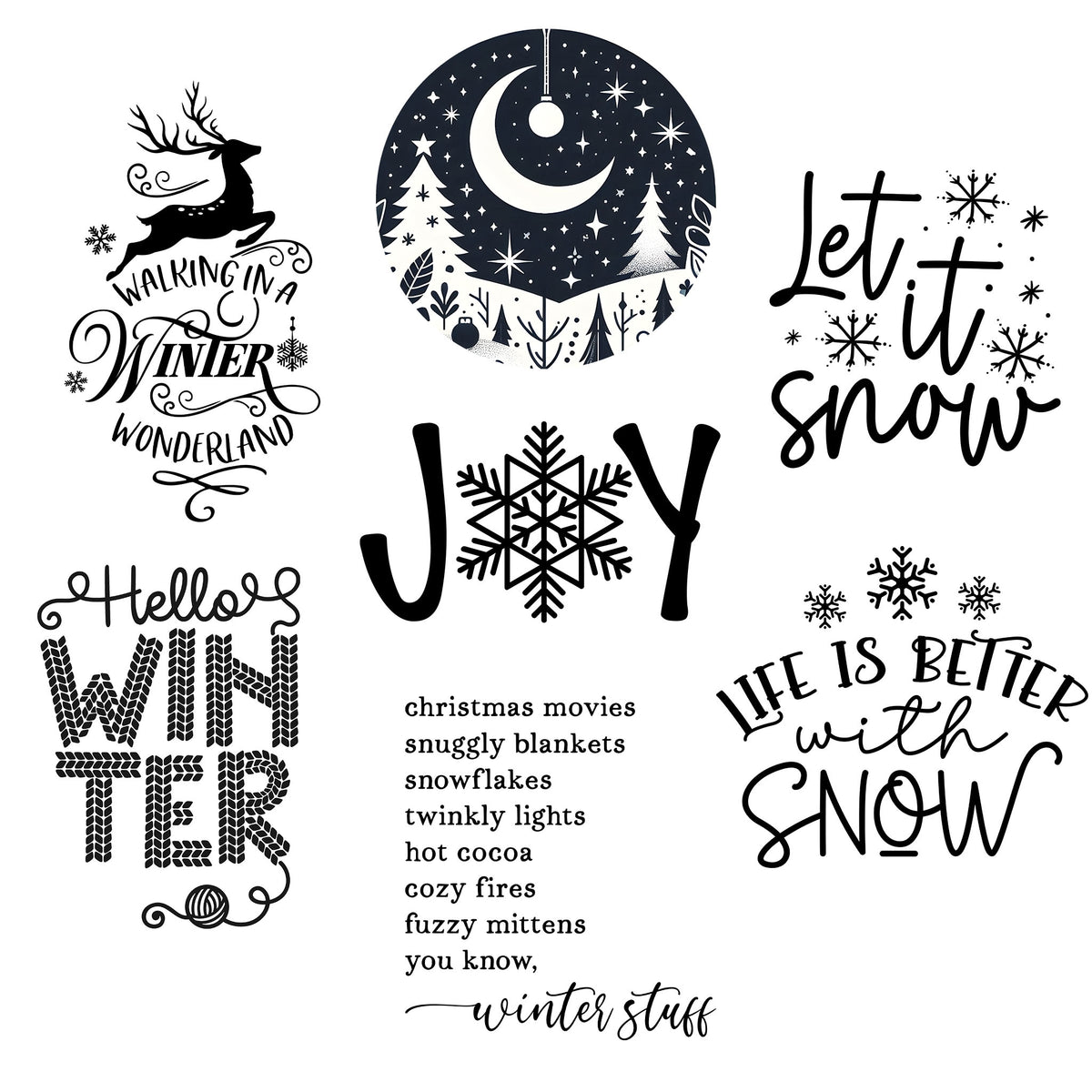 Seven winter engraving designs featuring snowflakes, seasonal sayings, and a moonlit scene
