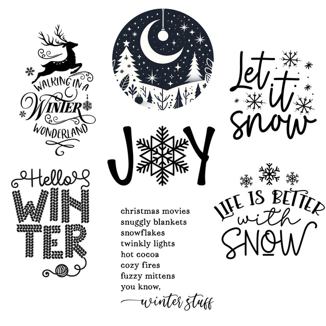 Seven winter engraving designs featuring snowflakes, seasonal sayings, and a moonlit scene